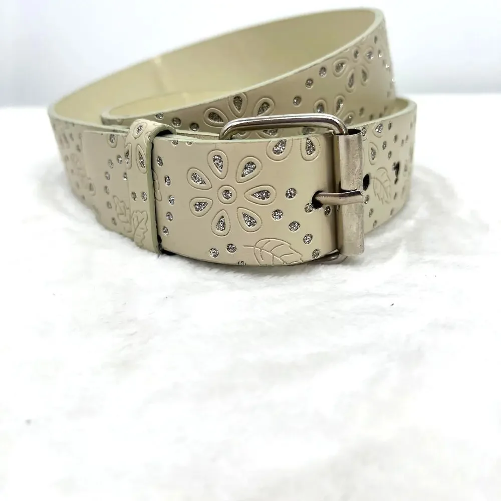 Bone Color Embellished Leather Belt L Western Sparkle Fairy Retro Casual